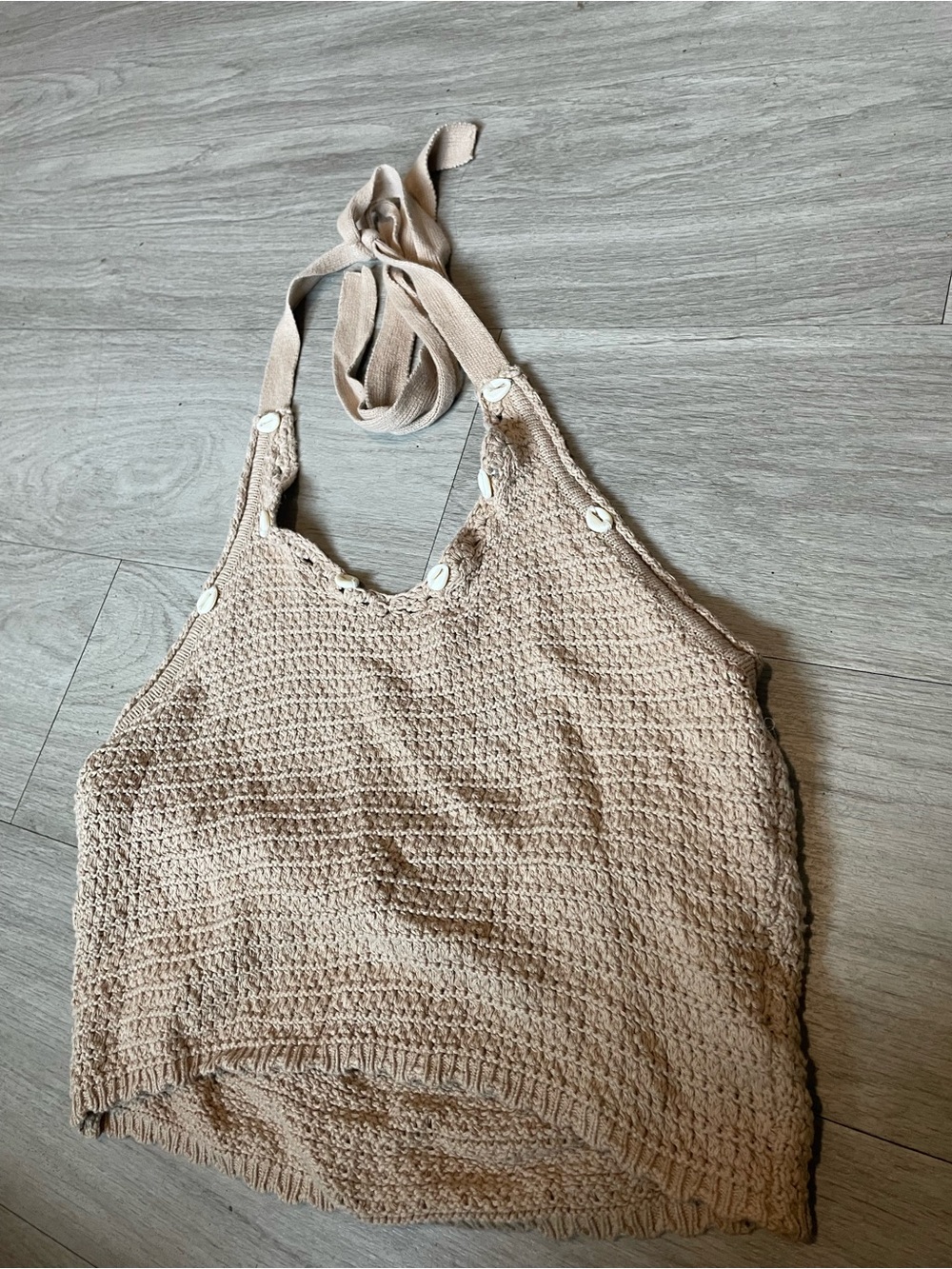 Sincerely Jules Beige Knit Halter Crop Top with Shell Buttons